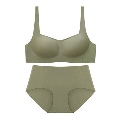 Green undergarment set with a square-neck wireless bra and a mid-waist seamless underwear