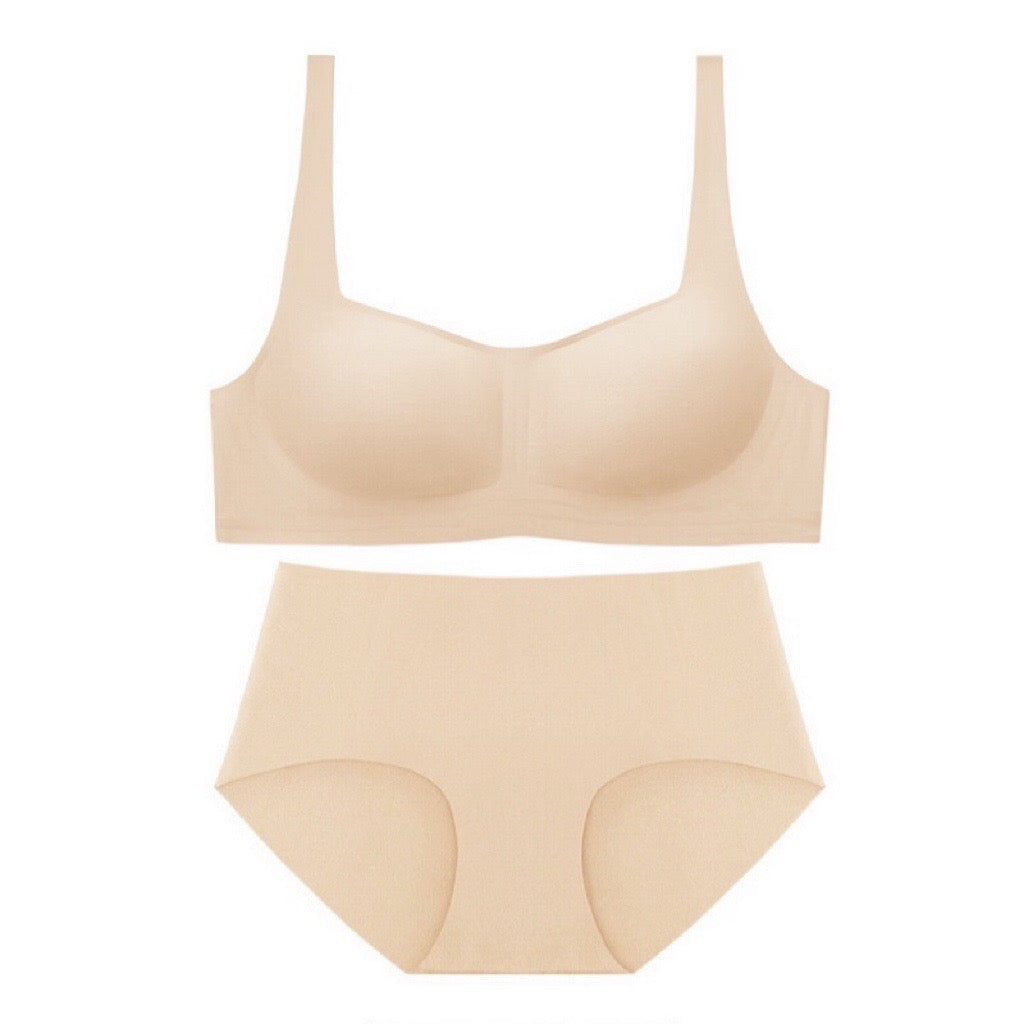 Seamless nude bra and panty set. Featuring the 1/2 cup wireless bra and seamless underwear