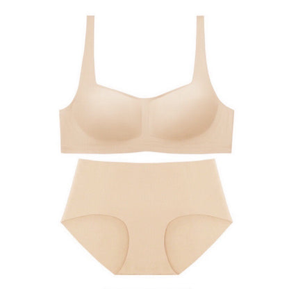 Seamless nude bra and panty set. Featuring the 1/2 cup wireless bra and seamless underwear