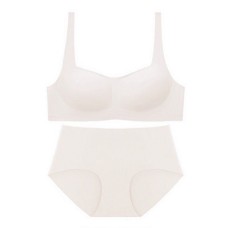 White undergarment set with a square-neck wireless bra and a mid-waist seamless underwear from ucharm bras