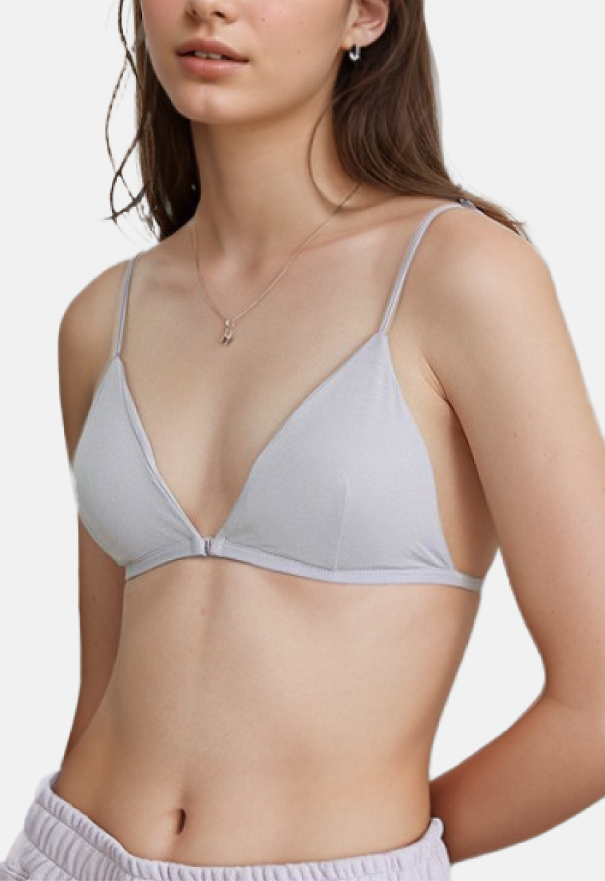 Model wearing Light Grey Front Closure Triangle Bra