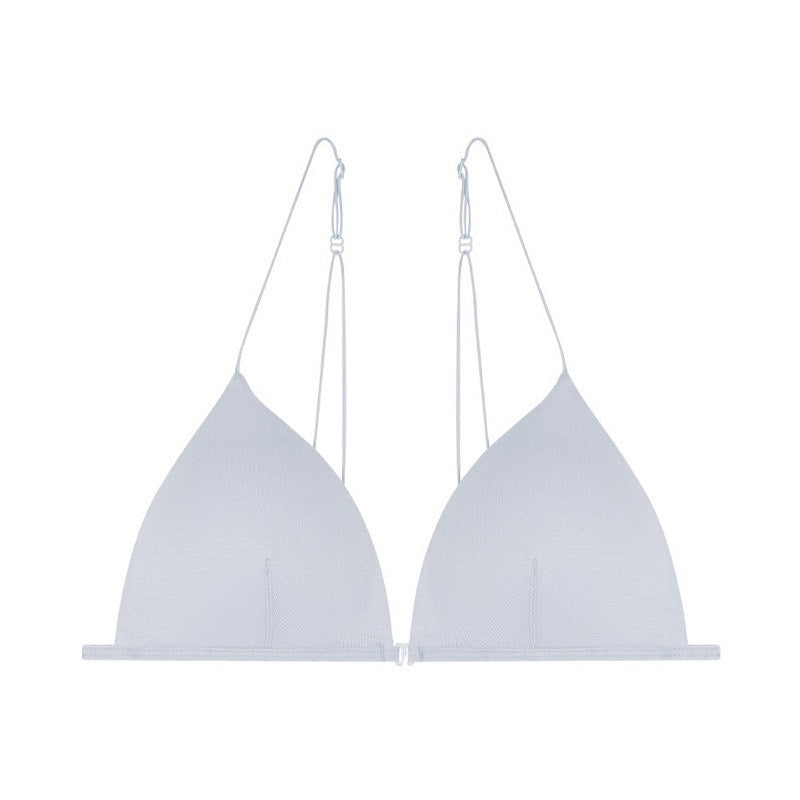 gray front opening triangle bras with spagattie straps