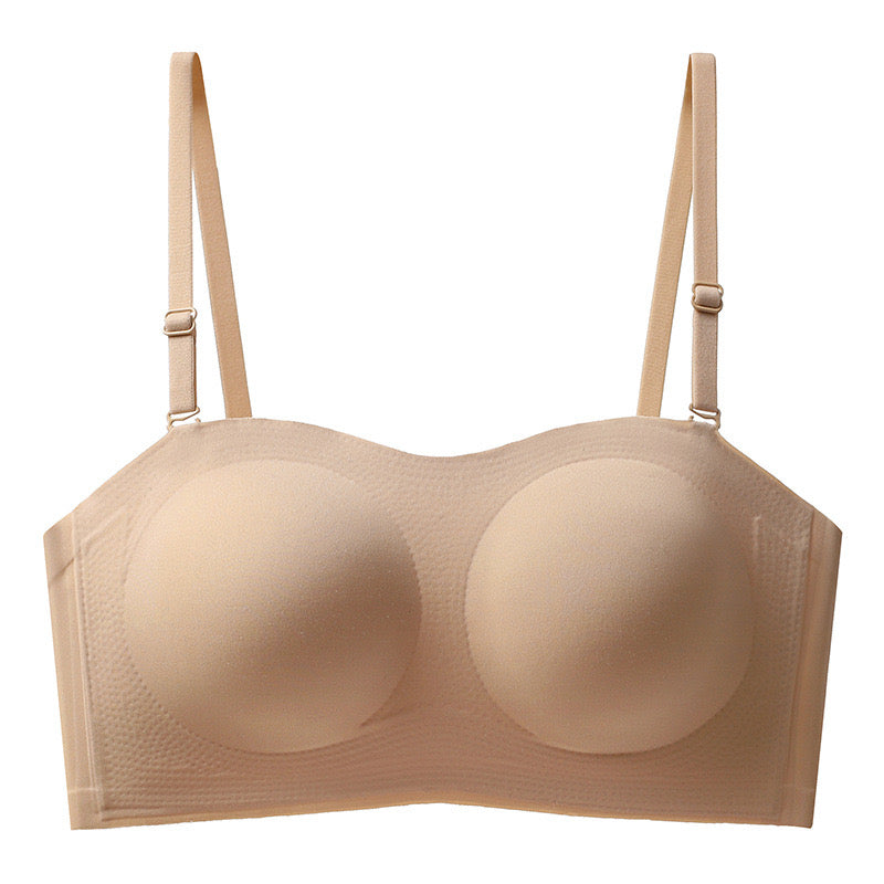 Front view of a beige anti-slip bandeau bra with molded cups and invisible grip lining,