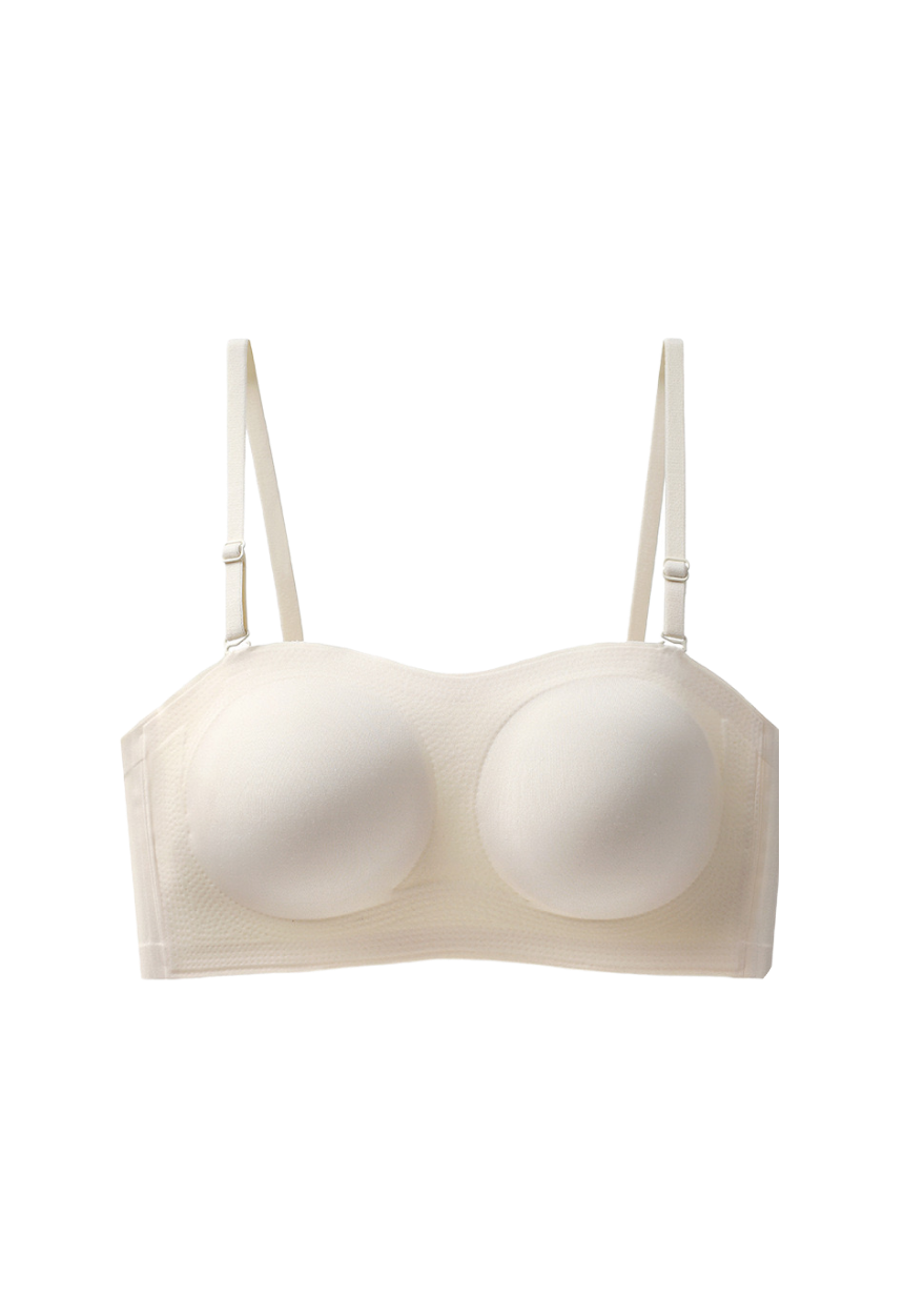 Front view of a beige anti-slip bandeau bra with molded cups and invisible grip lining, on a white surface.