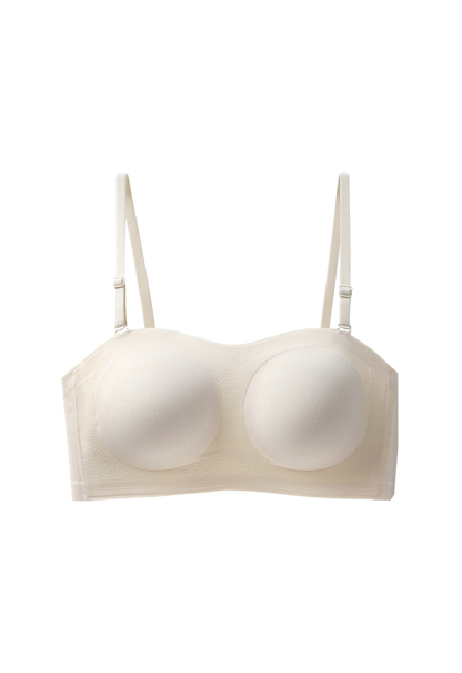 Front view of a beige anti-slip bandeau bra with molded cups and invisible grip lining, on a white surface.