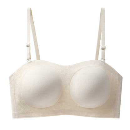 beige anti-slip bandeau bra with molded cups, removable straps and invisible grip lining