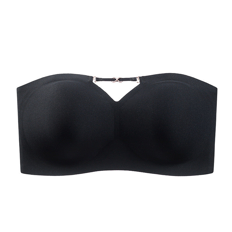 Black wireless bandeau bra with full coverage, strapless design, and removable pads