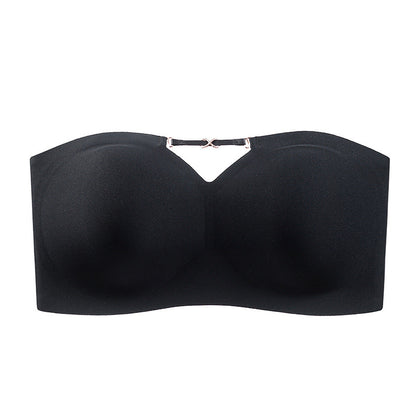 Black wireless bandeau bra with full coverage, strapless design, and removable pads