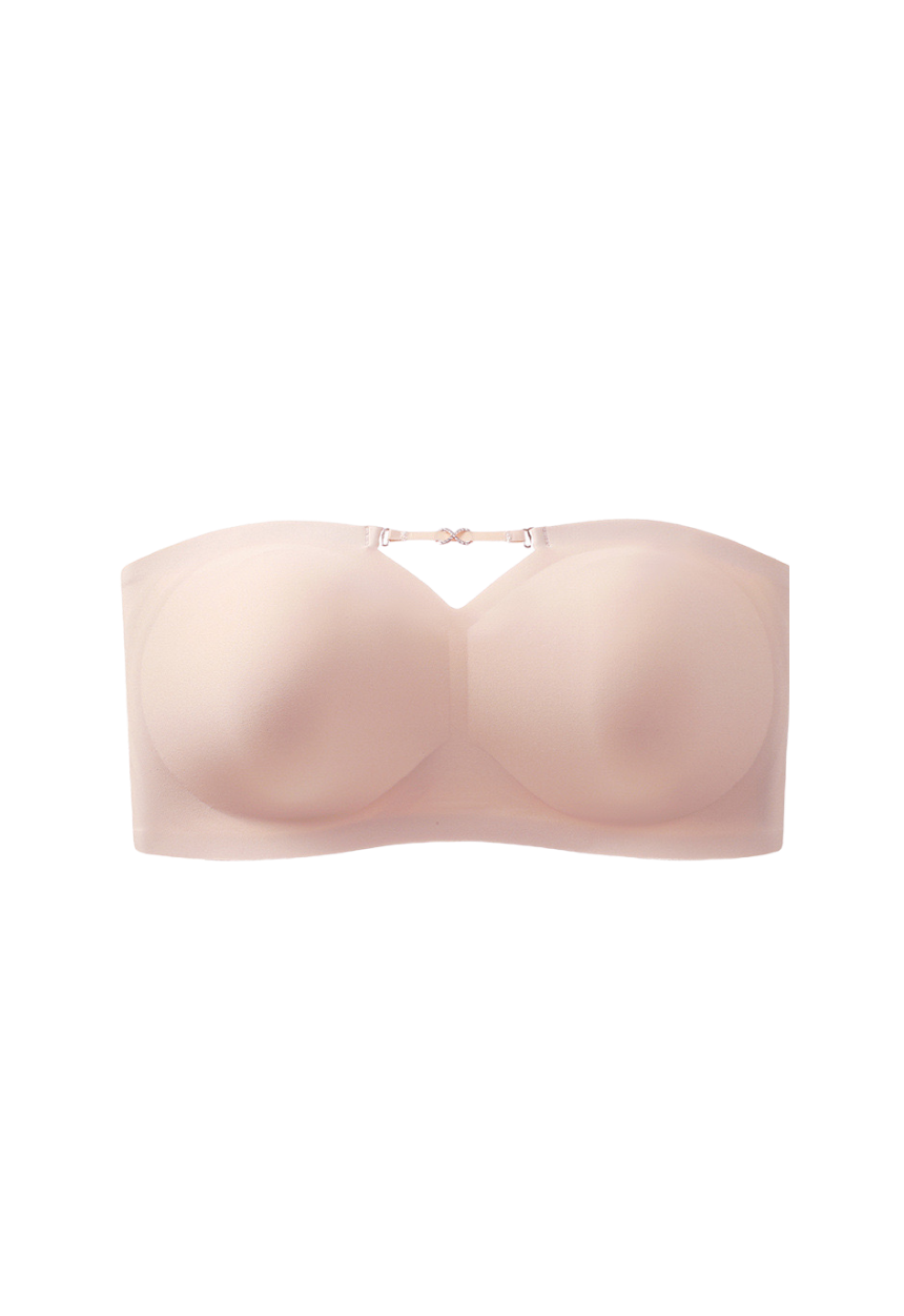 a pink wireless bandeau bra with removable pads, showcasing the full coverage and strapless design