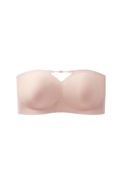 a pink wireless bandeau bra with removable pads, showcasing the full coverage and strapless design