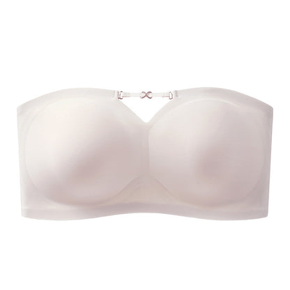 White wireless bandeau bra with full coverage, removable pads, and center front embellishment