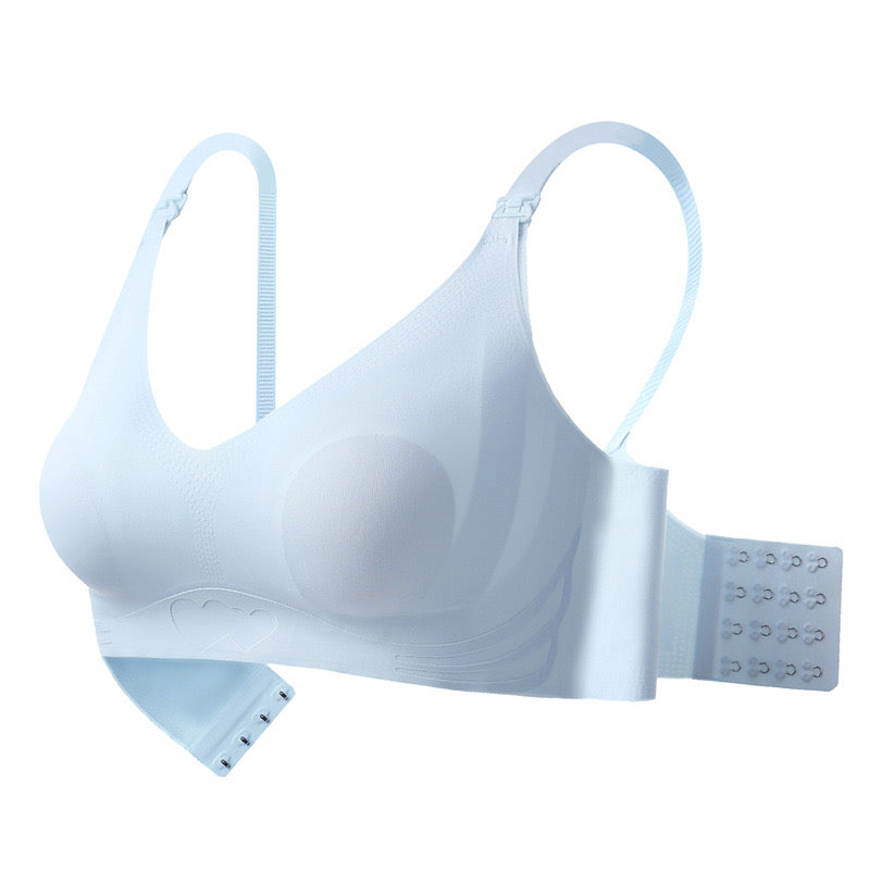 Side view of white fixed cup nursing bra with ultra-thin material for breathability