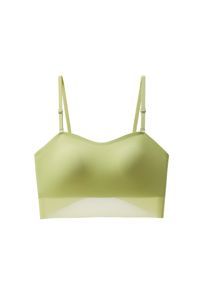 Green seamless crop top bandeau with slim straps and sheer panel detailing