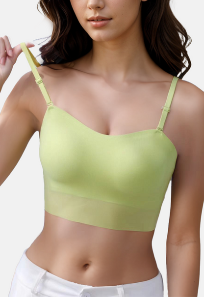 Model displaying the versatility of the green camisole-style bandeau bra