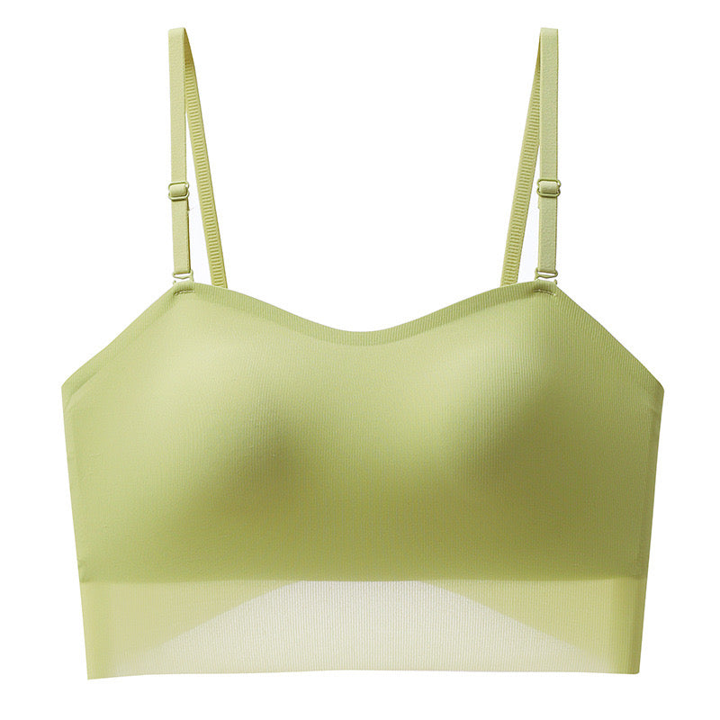 Green seamless crop top bandeau with slim straps and sheer panel detailing