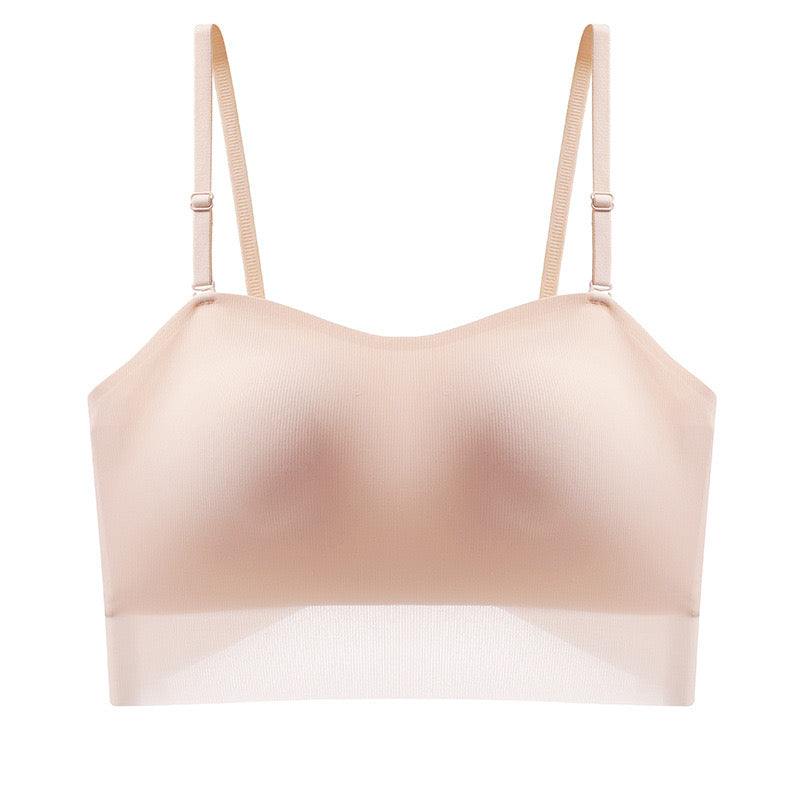 Nude no-slip bandeau bra with clear underband and removable straps