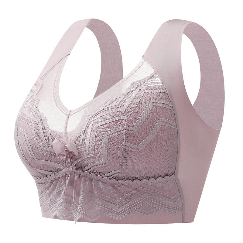 Misty Rose lace supportive bra with unique back design and bow detail