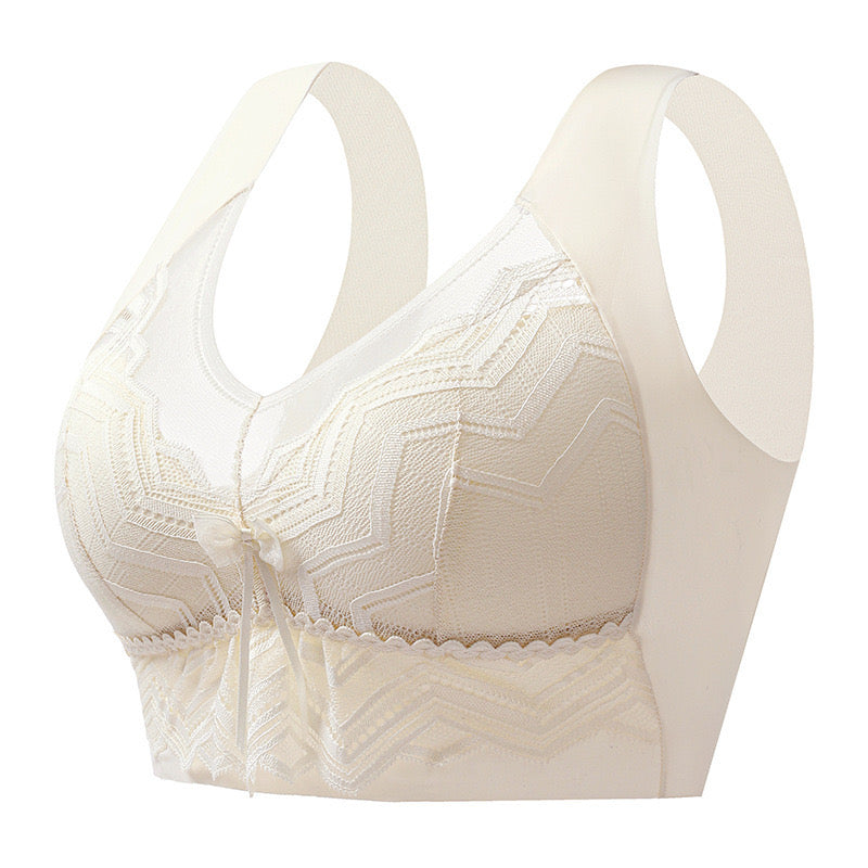 White geometric lace bra with wide straps and elegant bow detail