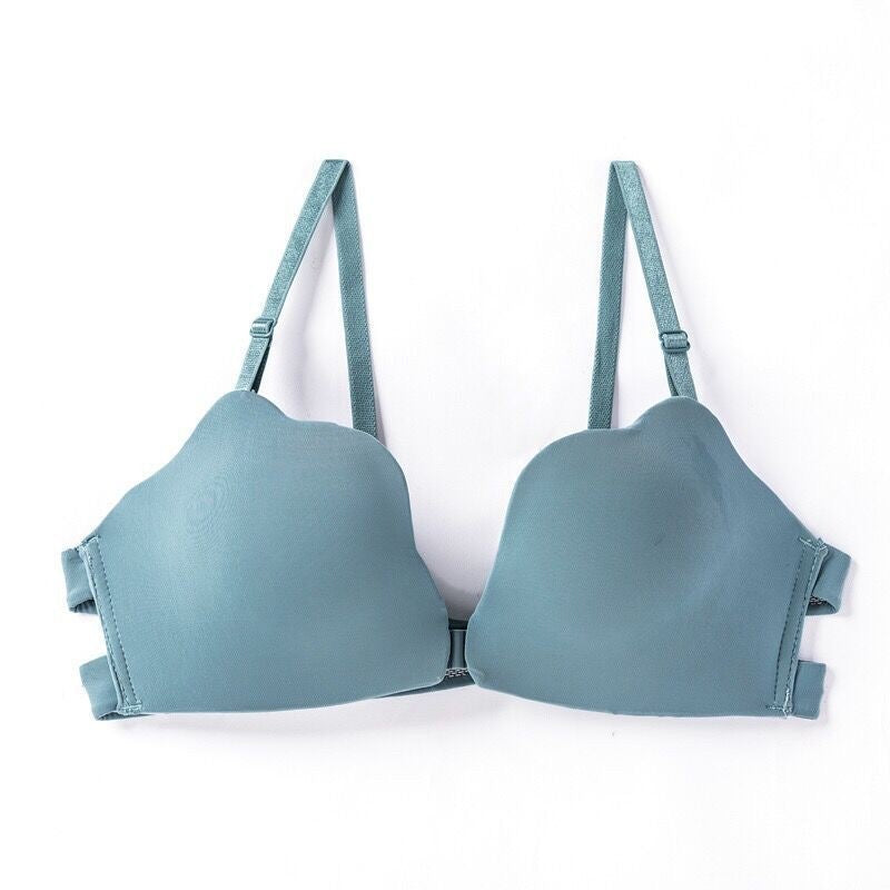 Blue seamless bra with elastic details and no-slip grip for a secure fit