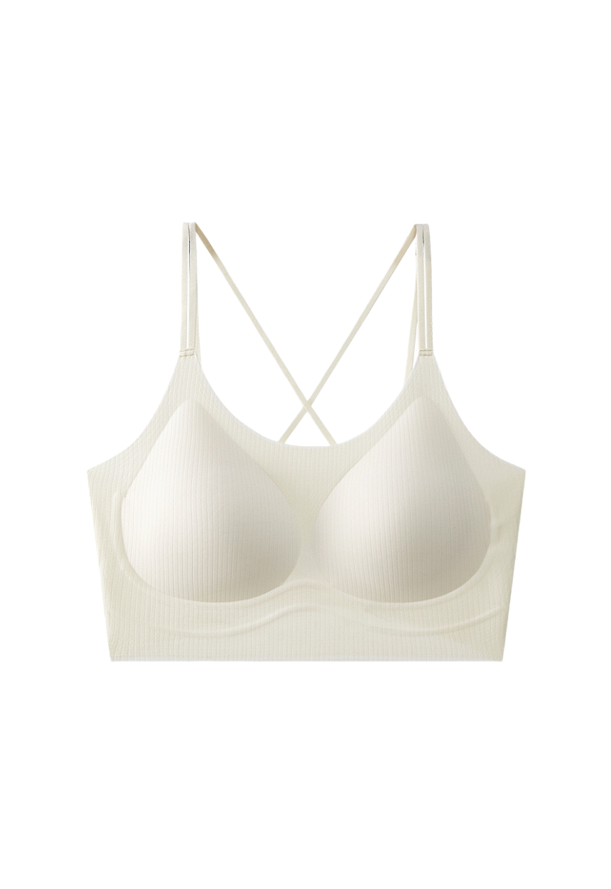 "Ivory ribbed bralette with crisscross straps on a white background"