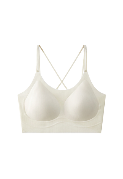 "Ivory ribbed bralette with crisscross straps on a white background"