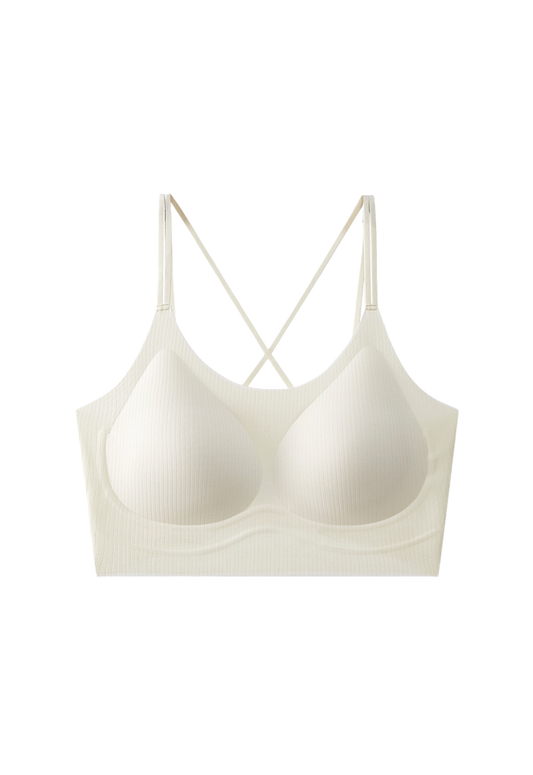 "Ivory ribbed bralette with crisscross straps on a white background"