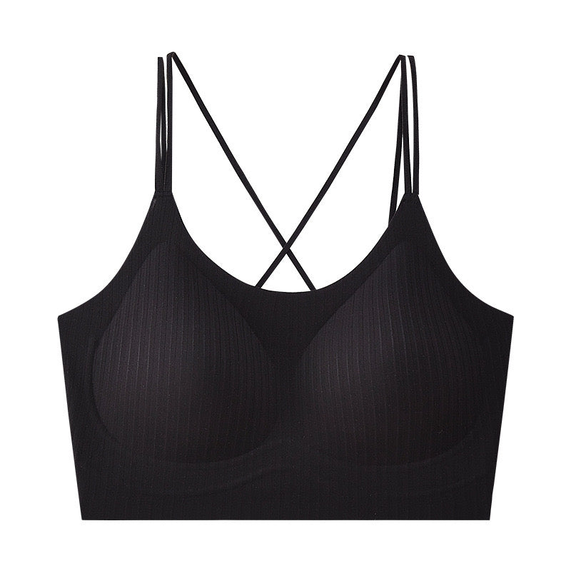 "Classic black ribbed bralette with versatile, supportive design"