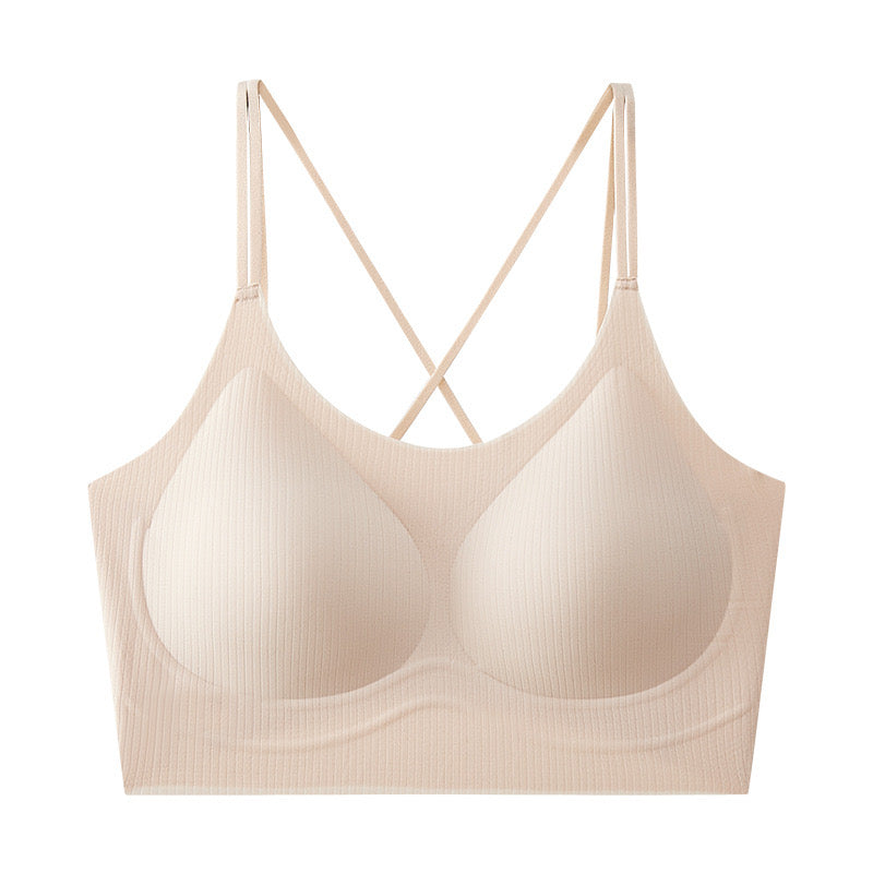 "Beige ribbed bralette with a seamless back and non-slip design"