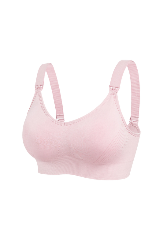 "Blush pink nursing bra with supportive bands and easy-open clasps for breastfeeding"