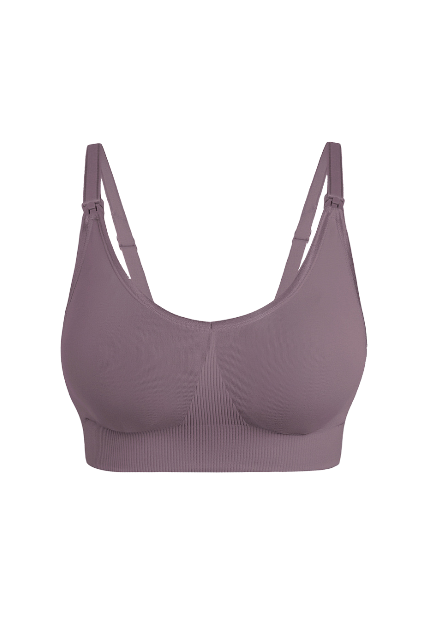 "Soothing lilac maternity nursing bra with adjustable straps and no underwire"