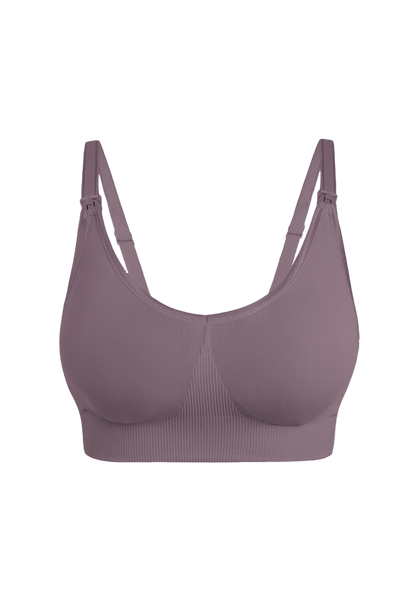 "Soothing lilac maternity nursing bra with adjustable straps and no underwire"