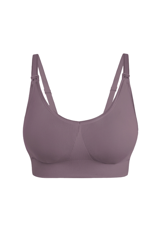 "Soothing lilac maternity nursing bra with adjustable straps and no underwire"