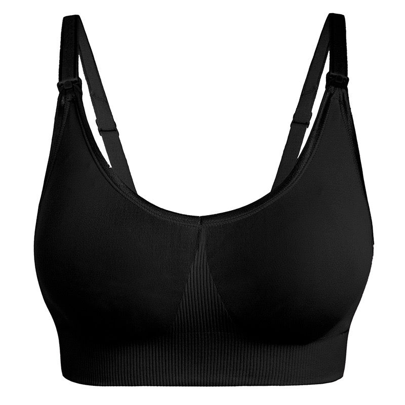 "Classic black maternity nursing bra with supportive band and shoulder straps"