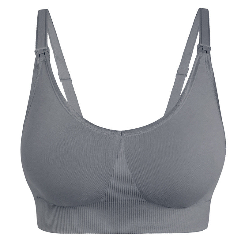 "Chic grey wireless nursing bra designed for comfort and ease of use"