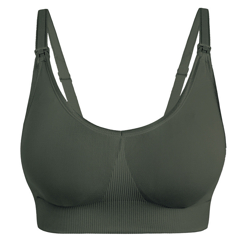 "Soft green wireless nursing bra with easy-release clasp for breastfeeding"