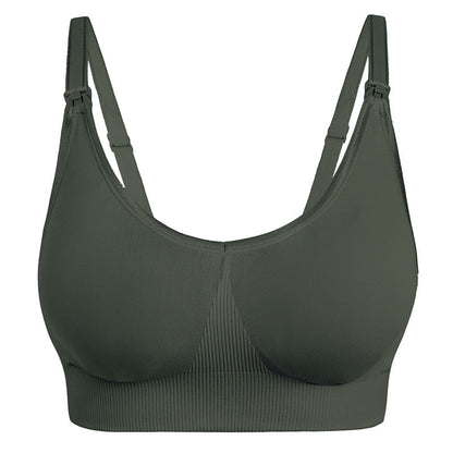 "Soft green wireless nursing bra with easy-release clasp for breastfeeding"