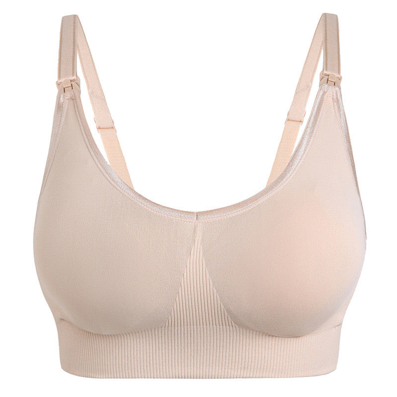 "Elegant nude maternity nursing bra with front clasps for convenient access"