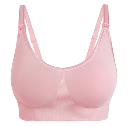 "Soft pink wireless nursing bra with easy-release clasp for breastfeeding"