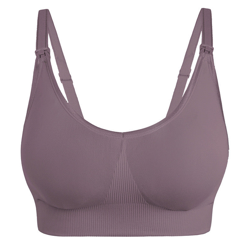 "Soothing lilac maternity nursing bra with adjustable straps and no underwire"