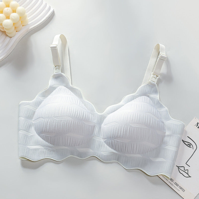 "Gray maternity bra with seamless design and quick-release clasps for nursing"