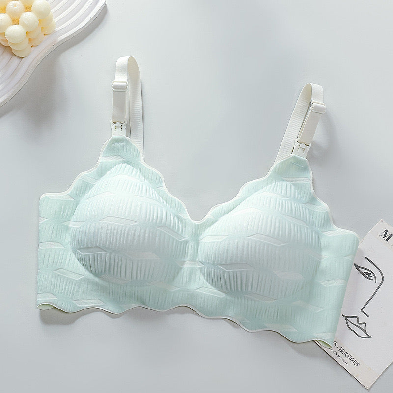 "Mint green nursing bra with scalloped edges and easy-access breastfeeding clasps"