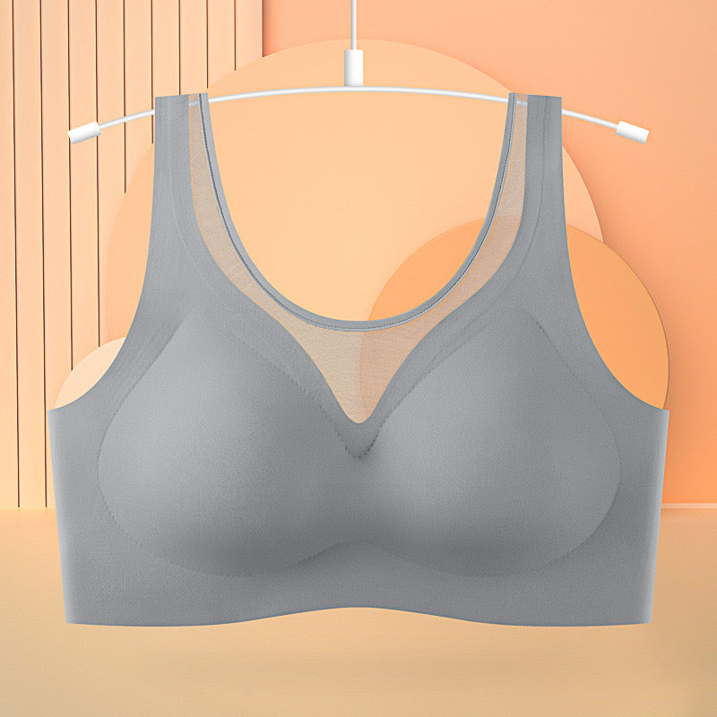 "Dove gray seamless back-smoothing bra showcasing breathability and comfort"