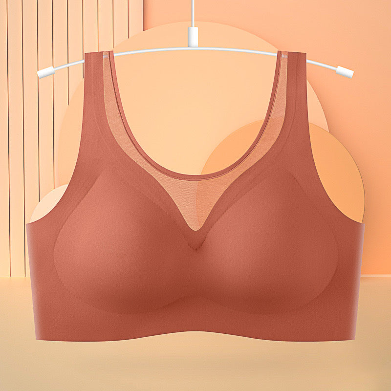 "Neutral tone seamless back-smoothing bra with built-in pads on hanger"