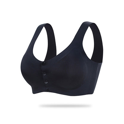 "Front-closure seamless nursing bra in black, perfect for summer wear"