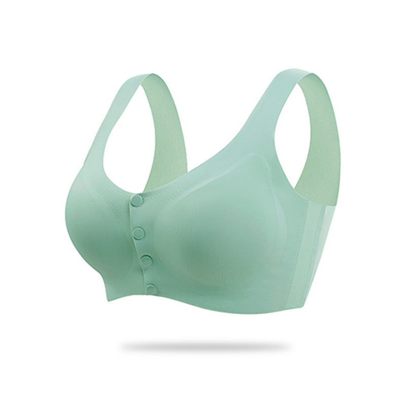 "Mint green seamless nursing bra with cooling ice-silk fabric and convenient front closure"