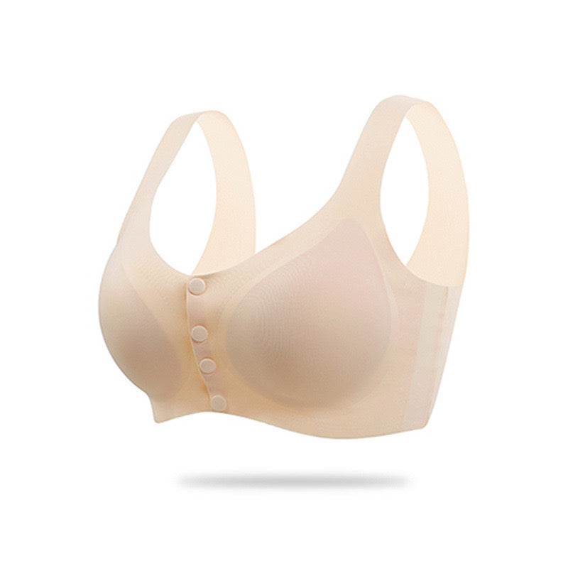 "Soft nude ice-silk nursing bra with seamless design and front snaps for easy access"