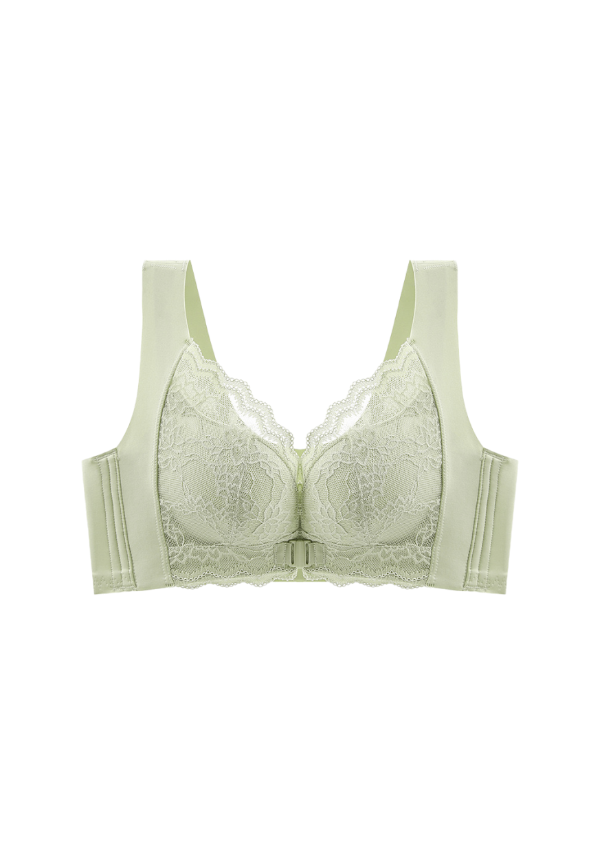 "Sage green lace bra with front clasp and adjustable no-wire support on display"