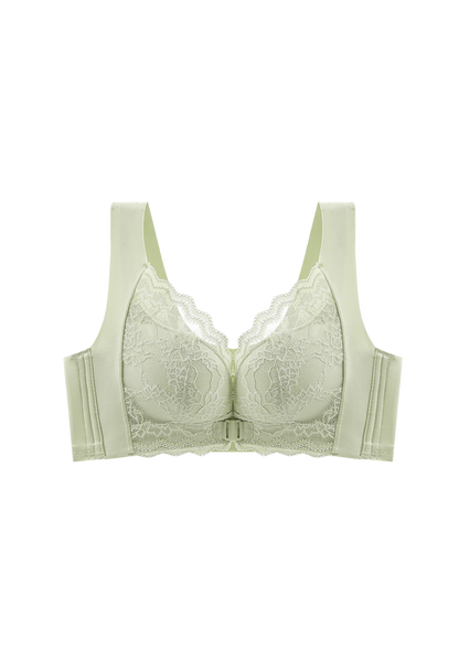 "Sage green lace bra with front clasp and adjustable no-wire support on display"