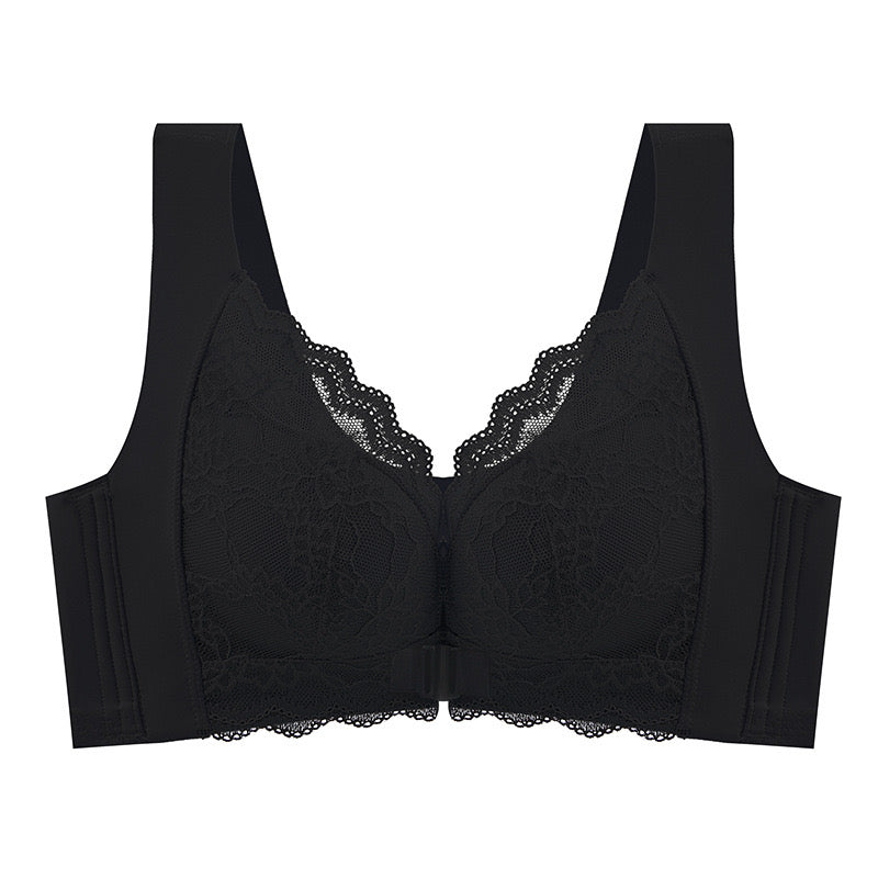 "Classic black lace front-closure bra designed to reduce bust appearance"