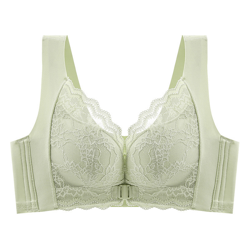 "Sage green lace bra with front clasp and adjustable no-wire support on display"